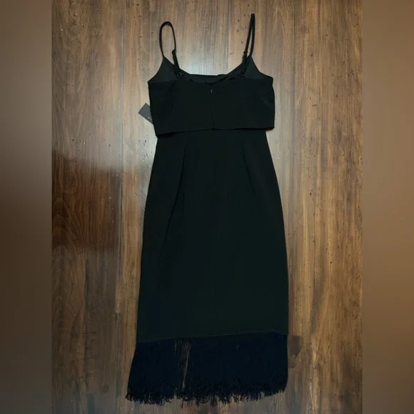 Aidan Adrianna Papell Crepe Popover Midi Black Fringe Hem Sheath Dress 2 LBD NWT - Picture 5 of 16